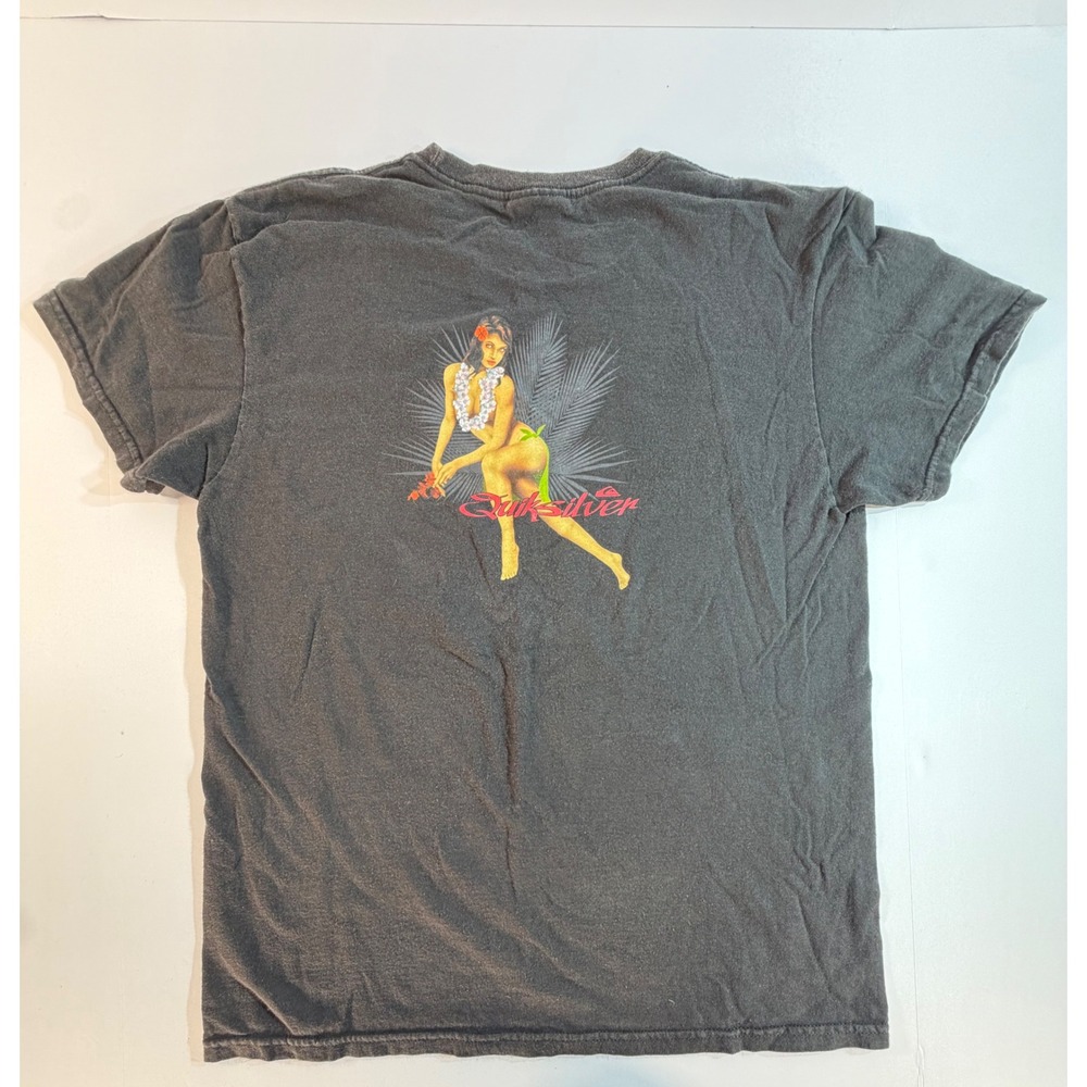 Vintage 90s Quiksilver Hula Girl Pin Up Graphic T-Shirt Faded Black Medium